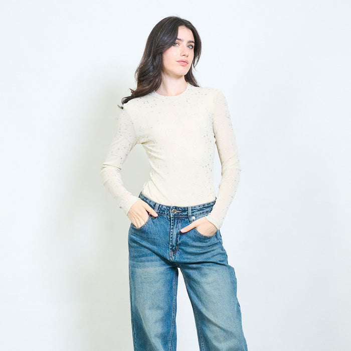Star constellation sheer fitted long sleeve bodysuit top wholesale