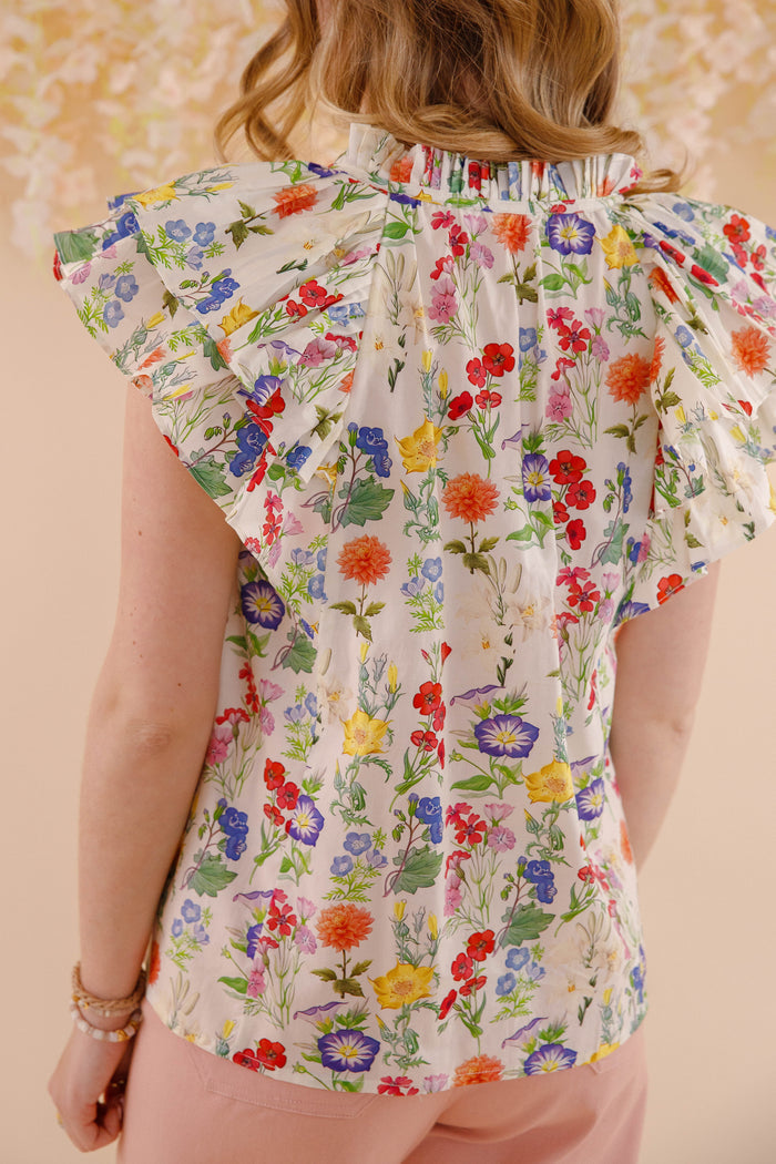 Floral Print Ruffle Sleeve Blouse- Women's Spring Summer Tops- Entro Flower Blouse