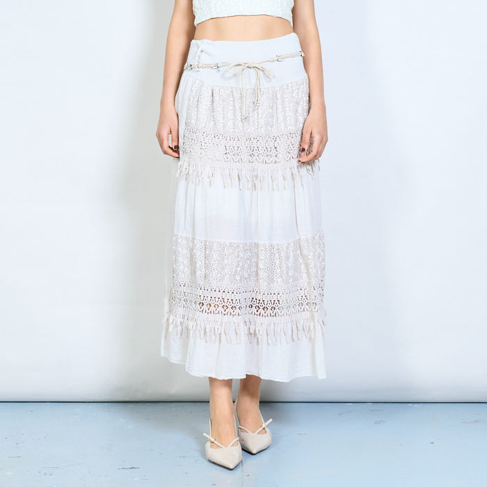 Strapless lace panel tassel trim midi skirt wholesale
