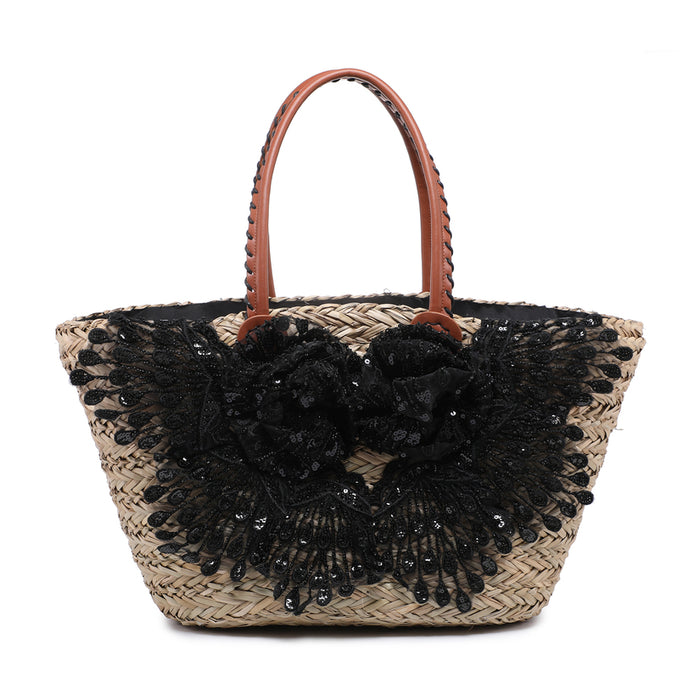 Straw shopper bag with layered lace rosettes and sequin fan appliqué wholesale