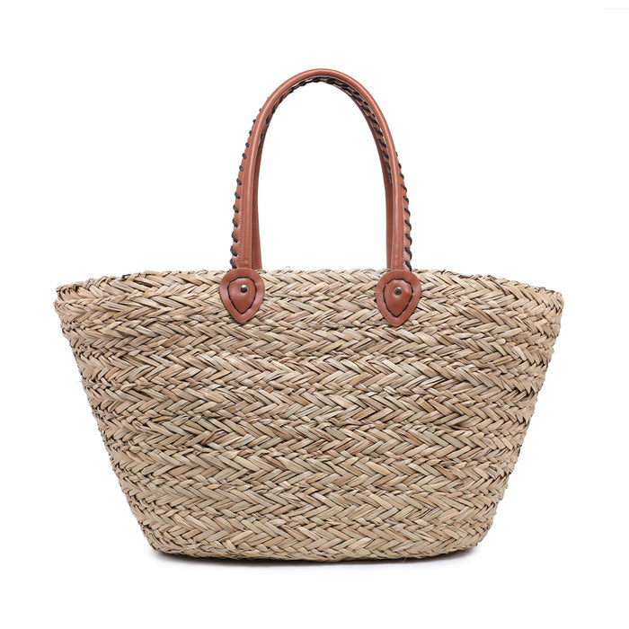 Straw shopper bag with layered lace rosettes and sequin fan appliqué wholesale