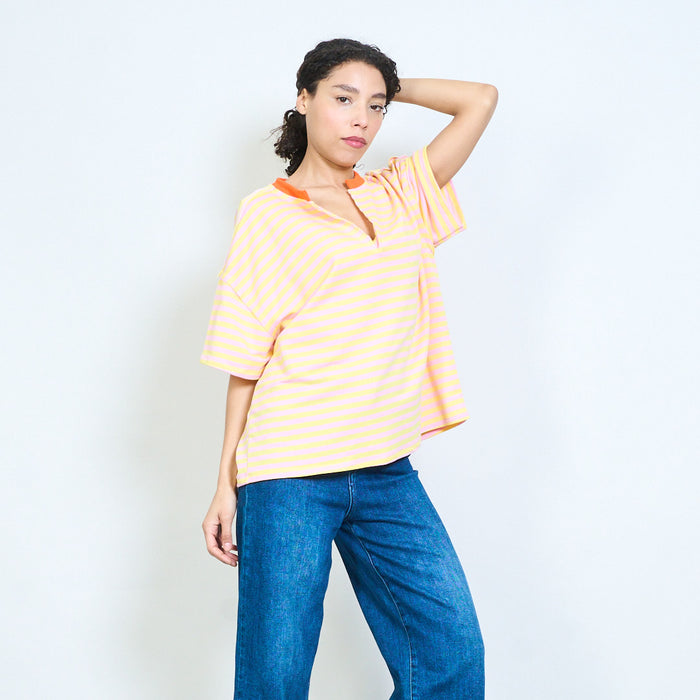 Stripe notch neck short sleeve casual top wholesale