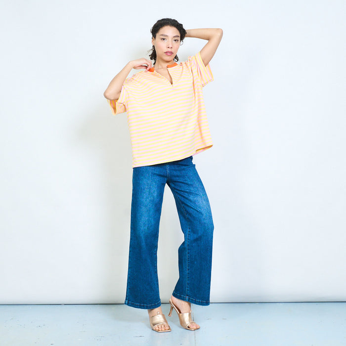Stripe notch neck short sleeve casual top wholesale