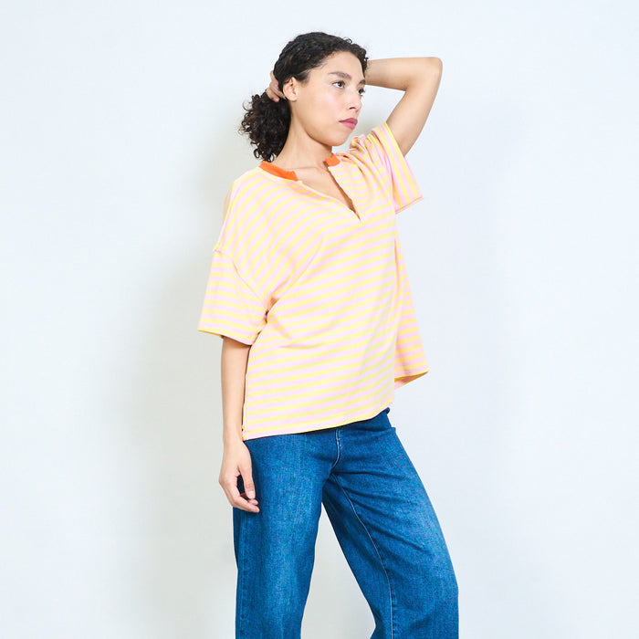 Stripe notch neck short sleeve casual top wholesale