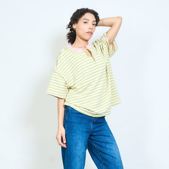 Stripe notch neck short sleeve casual top wholesale