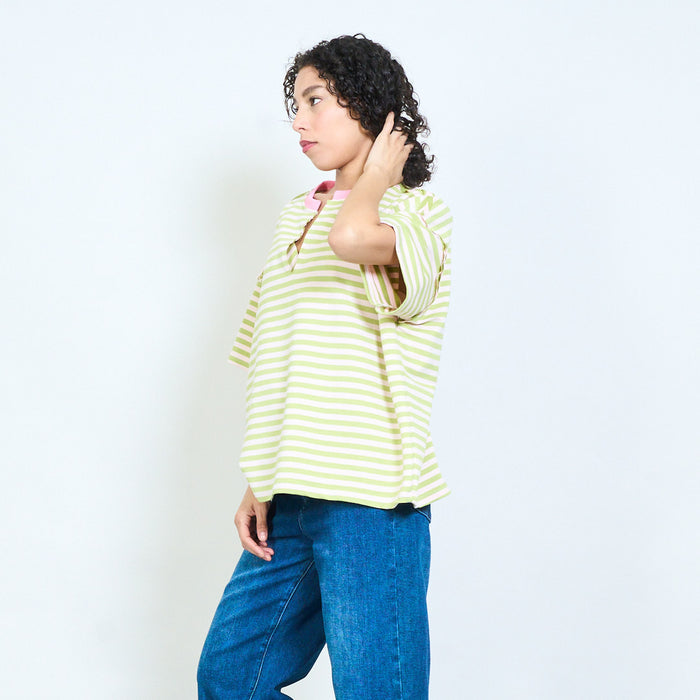Stripe notch neck short sleeve casual top wholesale