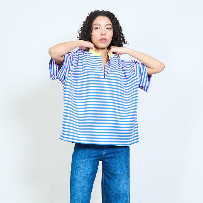 Stripe notch neck short sleeve casual top wholesale