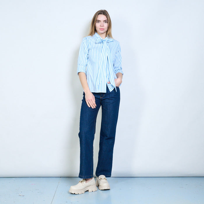 Striped bow tie neck flowy long sleeve blouse wholesale