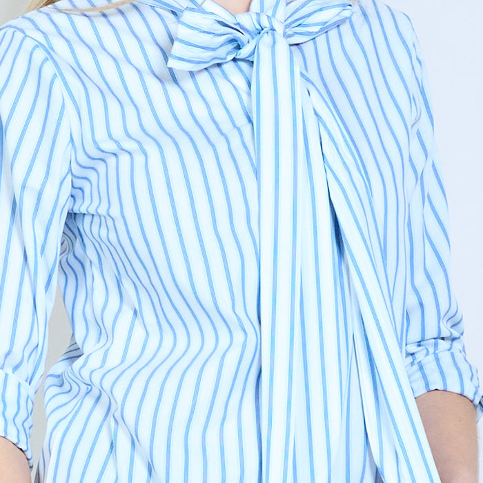 Striped bow tie neck flowy long sleeve blouse wholesale