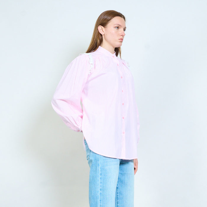 Striped button front blouse with lace shoulder inserts wholesale