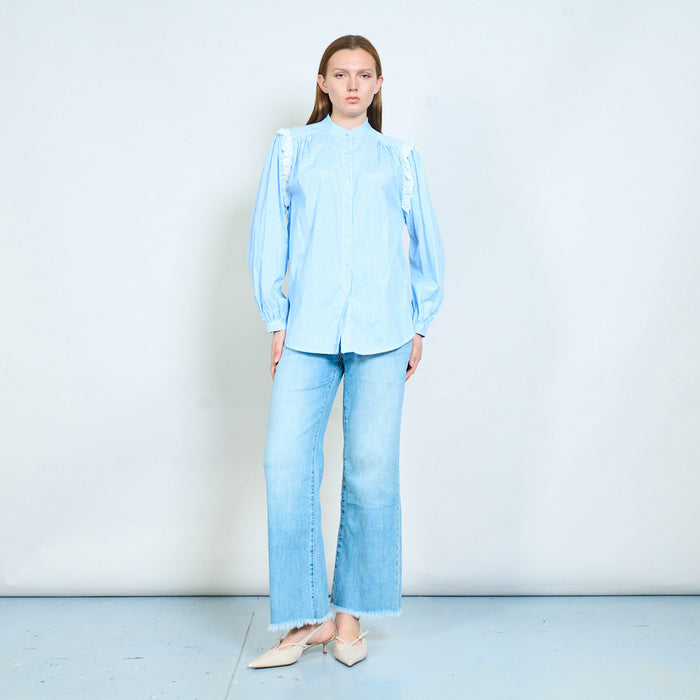 Striped button front blouse with lace shoulder inserts wholesale