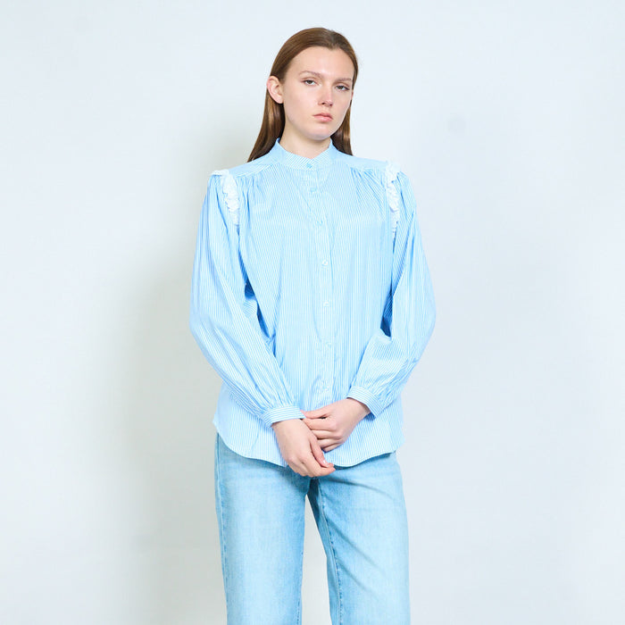 Striped button front blouse with lace shoulder inserts wholesale