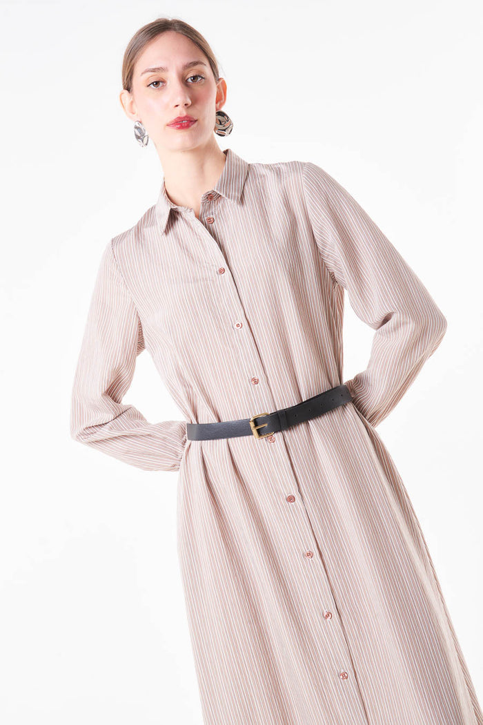 Striped button front midi shirt dress with collar neckline wholesale