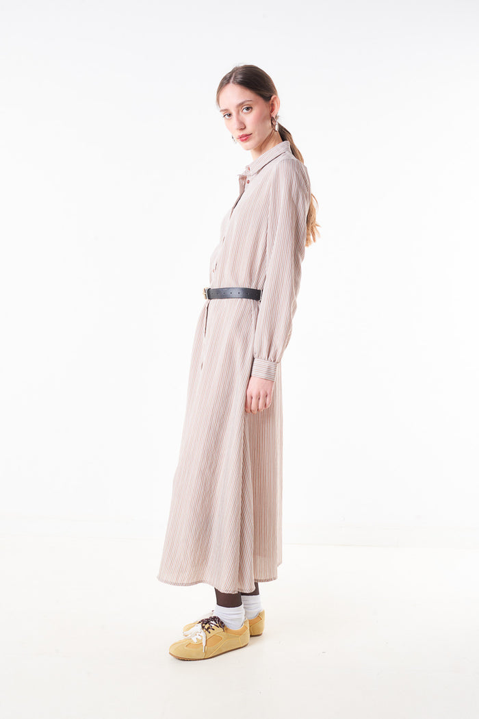 Striped button front midi shirt dress with collar neckline wholesale