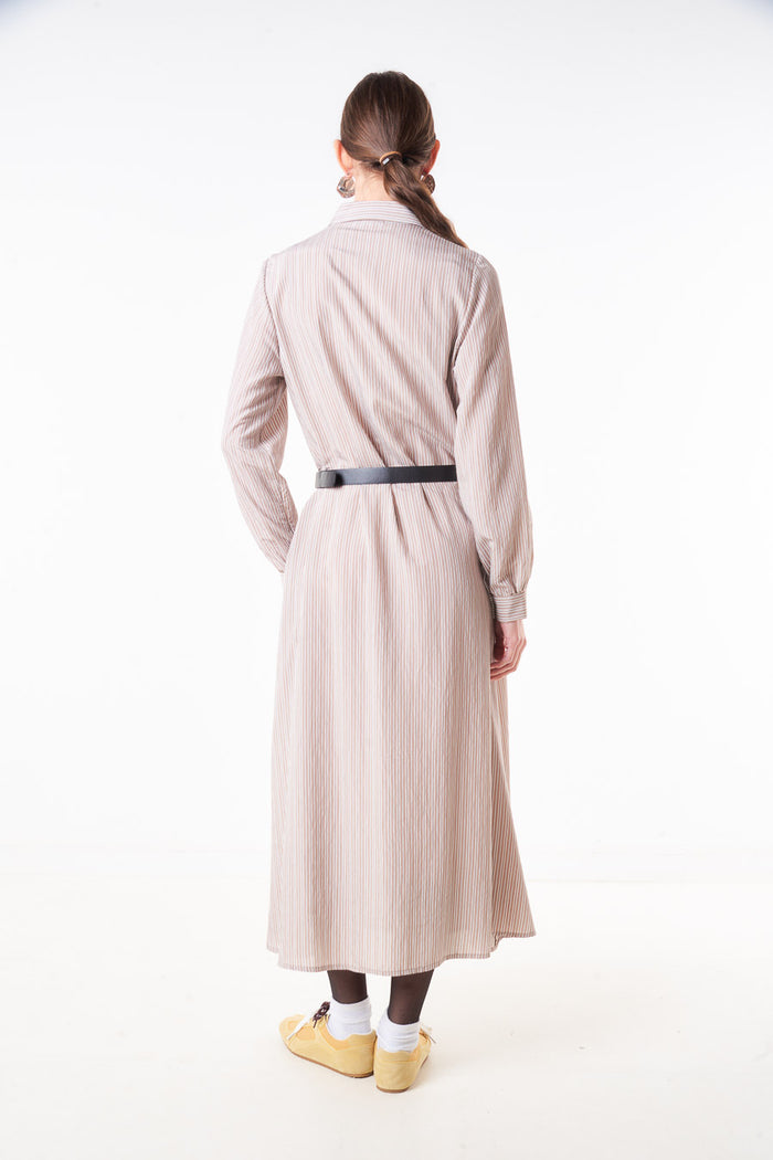 Striped button front midi shirt dress with collar neckline wholesale