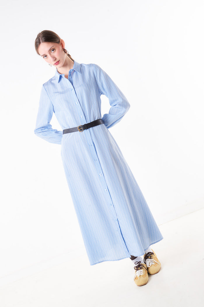 Striped button front midi shirt dress with collar neckline wholesale