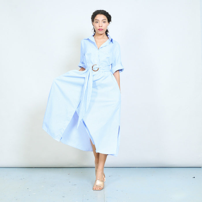 Striped collared belted long shirt dress wholesale