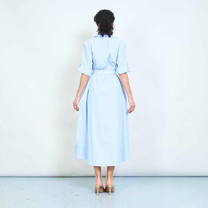 Striped collared belted long shirt dress wholesale