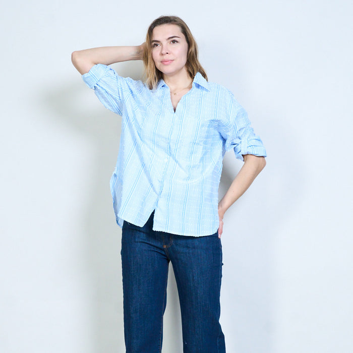 Striped dotted pattern open collar roll sleeve casual shirt wholesale
