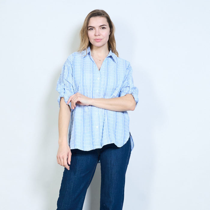 Striped dotted pattern open collar roll sleeve casual shirt wholesale