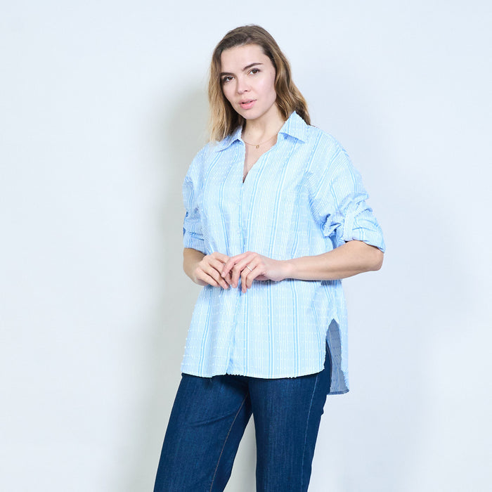 Striped dotted pattern open collar roll sleeve casual shirt wholesale