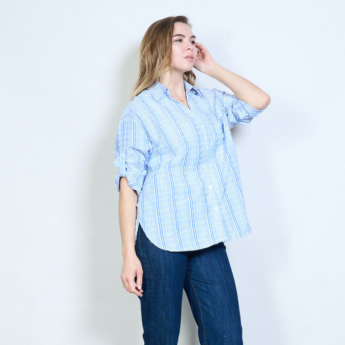 Striped dotted pattern open collar roll sleeve casual shirt wholesale