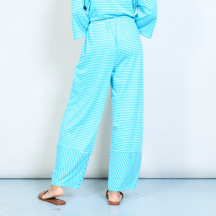 Striped elastic waist wide leg knit trousers with contrast hem panel wholesale