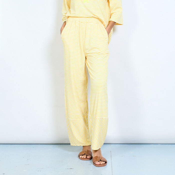 Striped elastic waist wide leg knit trousers with contrast hem panel wholesale