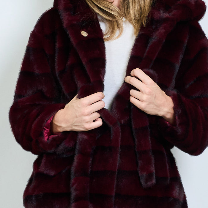 Striped faux fur belted coat with crystal clasp wholesale