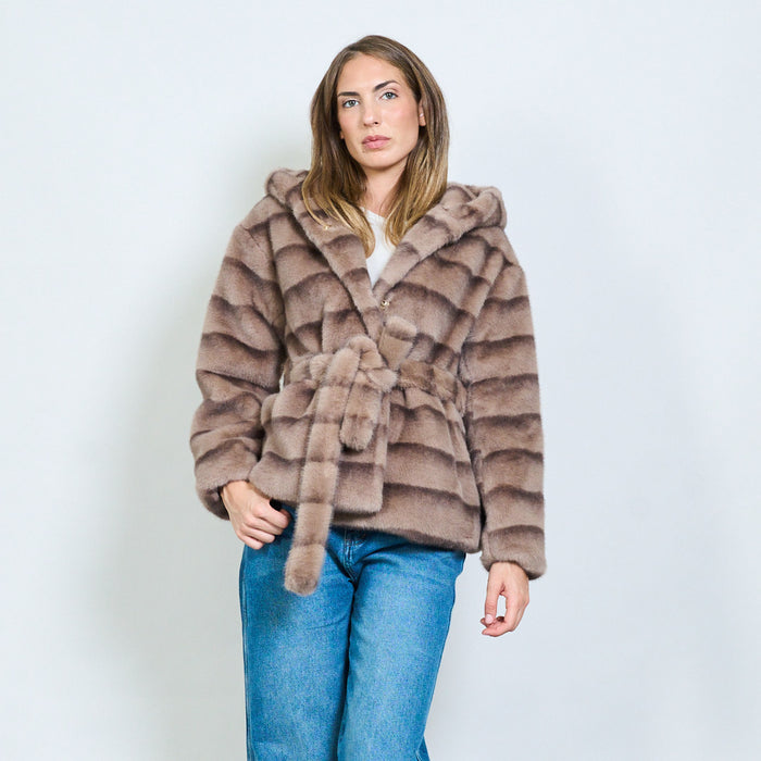 Striped faux fur belted coat with crystal clasp wholesale