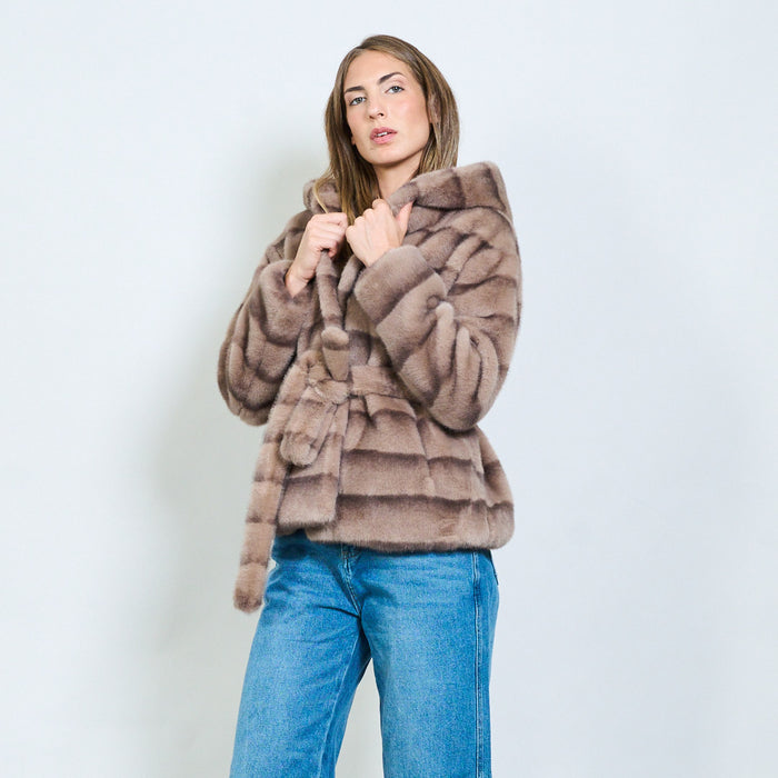 Striped faux fur belted coat with crystal clasp wholesale