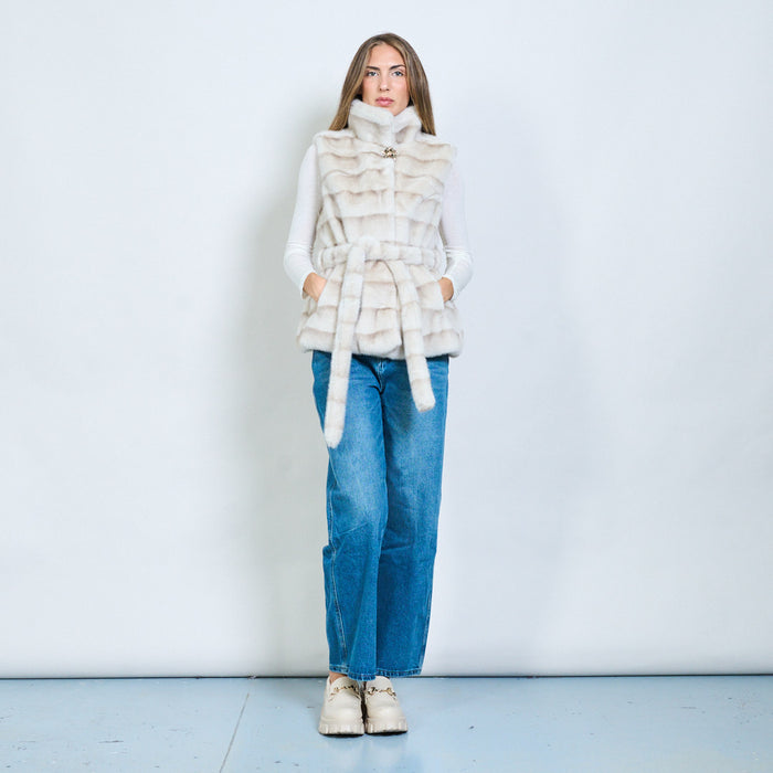 Striped faux fur belted vest with crystal clasp wholesale