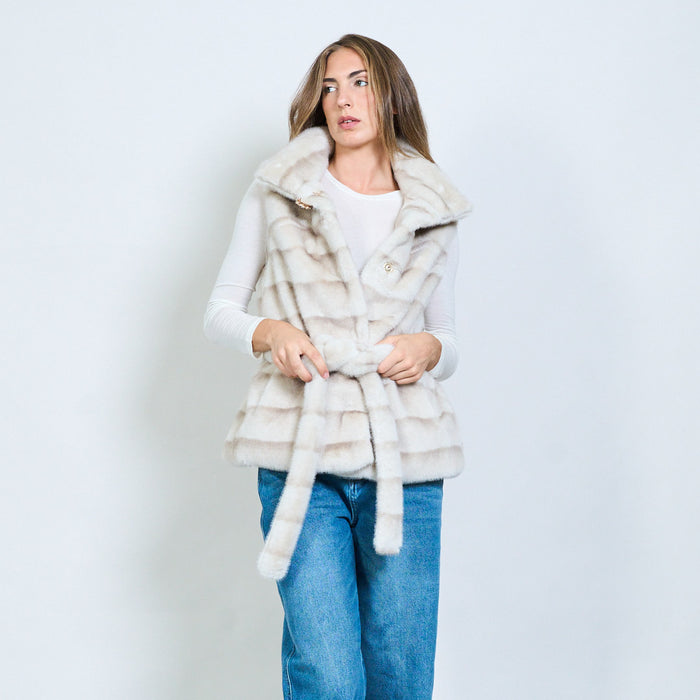 Striped faux fur belted vest with crystal clasp wholesale