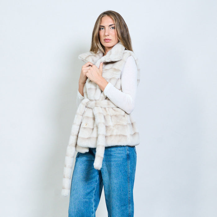 Striped faux fur belted vest with crystal clasp wholesale