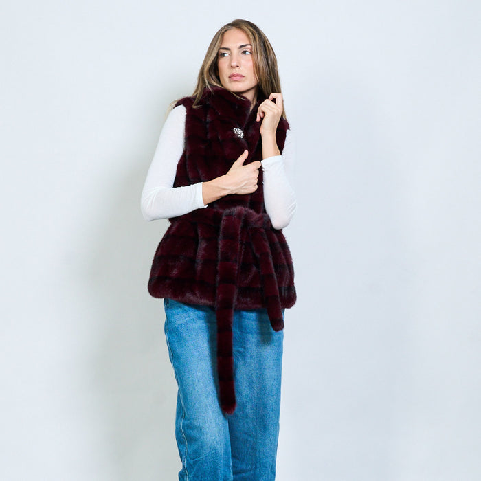 Striped faux fur belted vest with crystal clasp wholesale