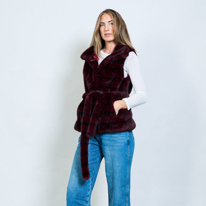 Striped faux fur belted vest with crystal clasp wholesale