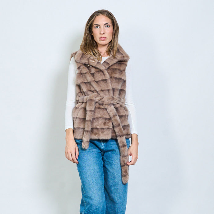 Striped faux fur belted vest with crystal clasp wholesale