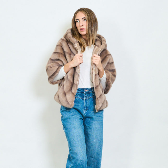 Striped faux fur hooded zip-up coat wholesale