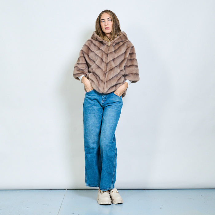 Striped faux fur hooded zip-up coat wholesale