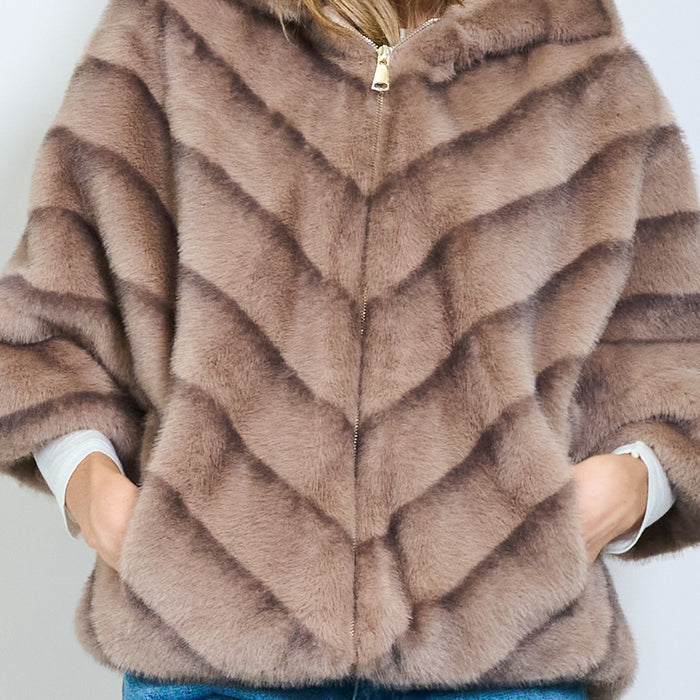 Striped faux fur hooded zip-up coat wholesale