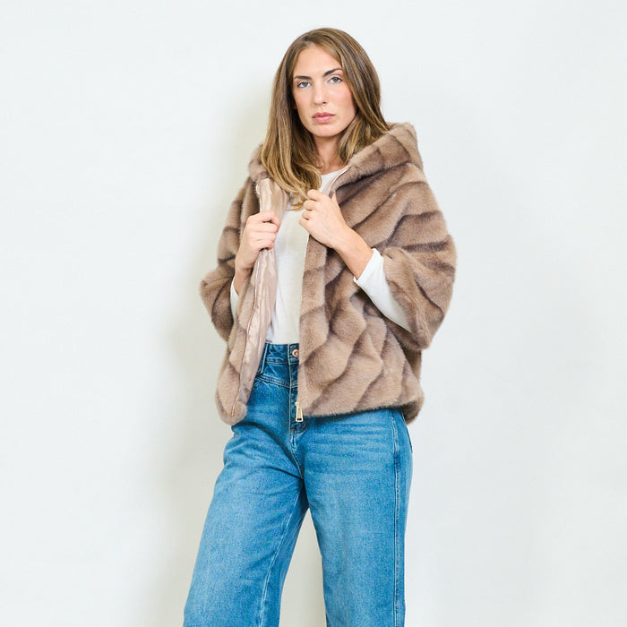 Striped faux fur hooded zip-up coat wholesale