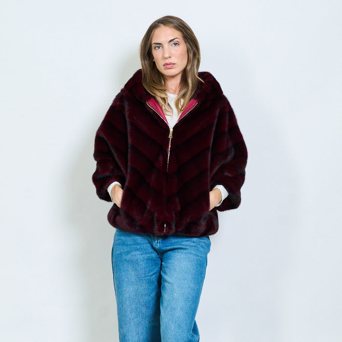 Striped faux fur hooded zip-up coat wholesale