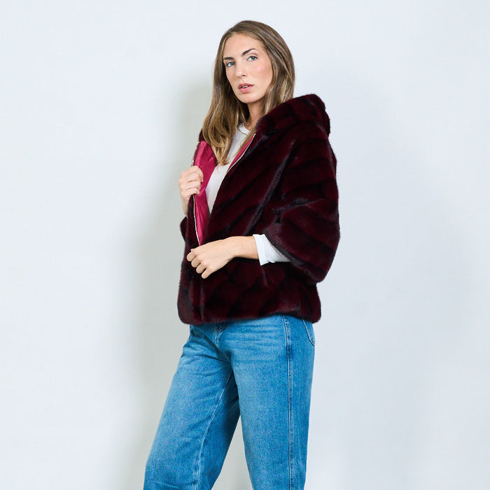 Striped faux fur hooded zip-up coat wholesale