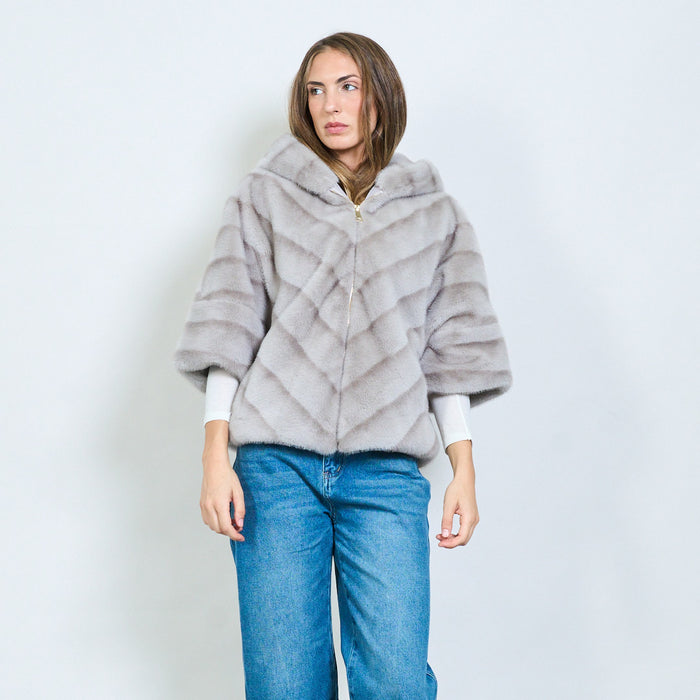 Striped faux fur hooded zip-up coat wholesale