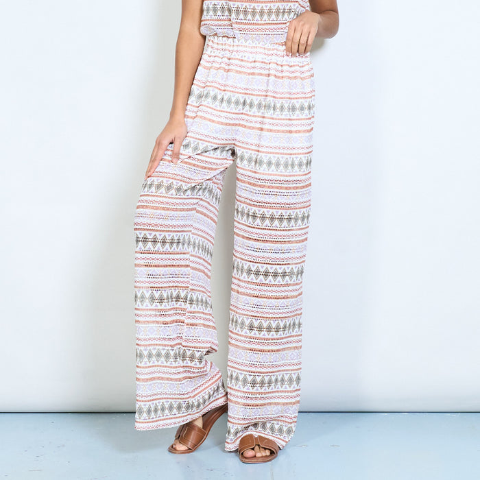 Striped geometric ethnic pattern wide leg trousers with elastic waistband wholesale