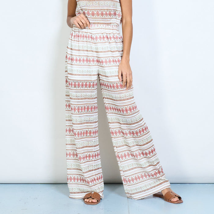 Striped geometric ethnic pattern wide leg trousers with elastic waistband wholesale