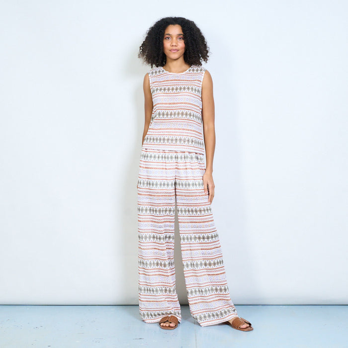 Striped geometric ethnic pattern wide leg trousers with elastic waistband wholesale