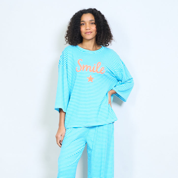 Striped graphic "Smile" embroidered star round neck 3/4 sleeve knit top wholesale
