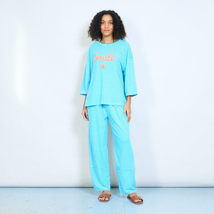 Striped graphic "Smile" embroidered star round neck 3/4 sleeve knit top wholesale