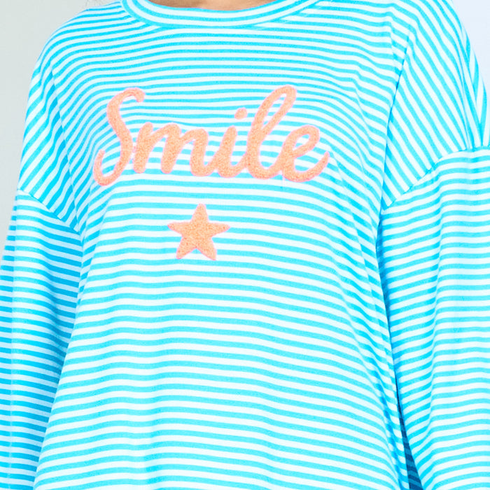 Striped graphic "Smile" embroidered star round neck 3/4 sleeve knit top wholesale